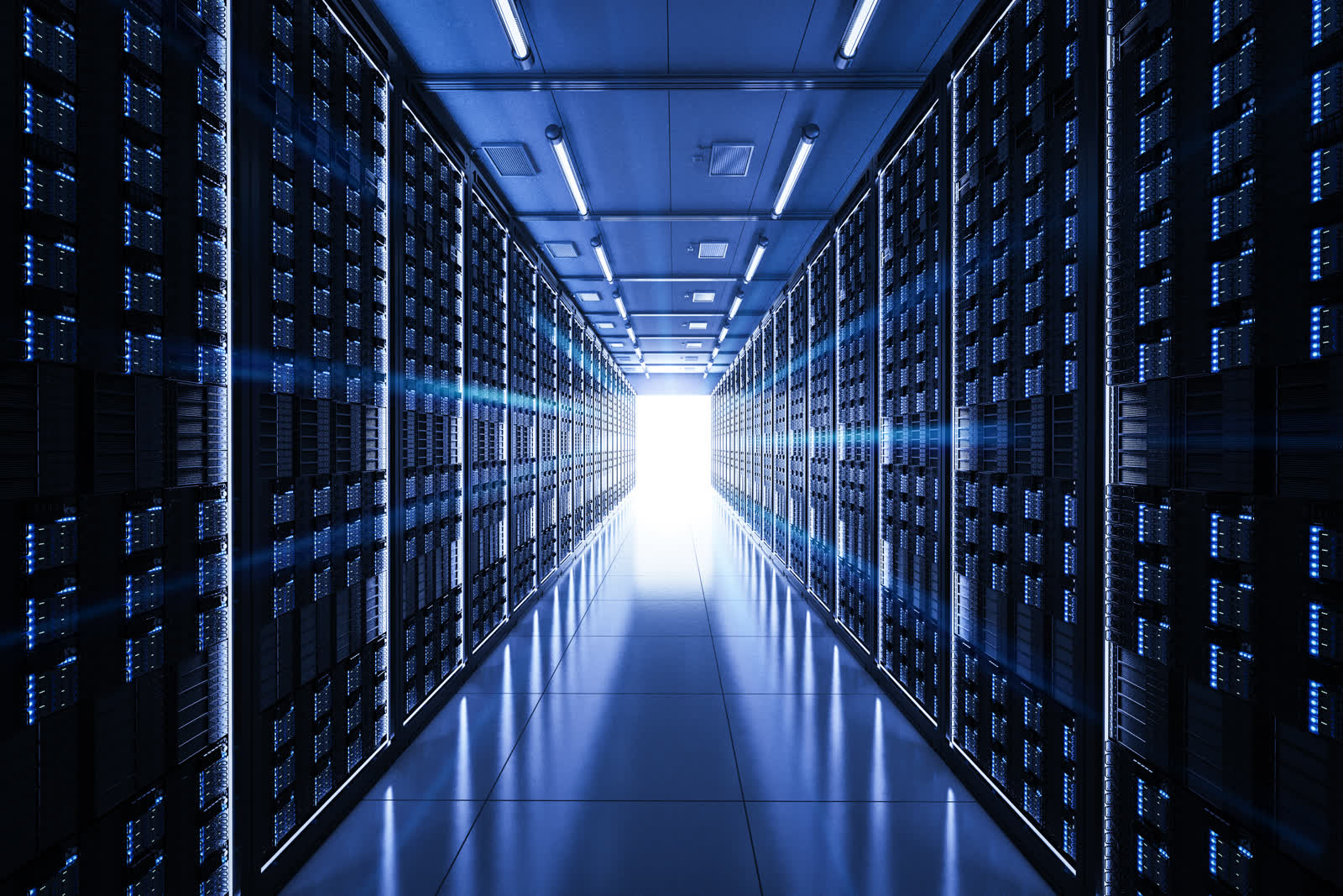 Rows of servers inside a sovereign Swiss data centre — where Djeed's workspace data and AI are hosted on Infomaniak
