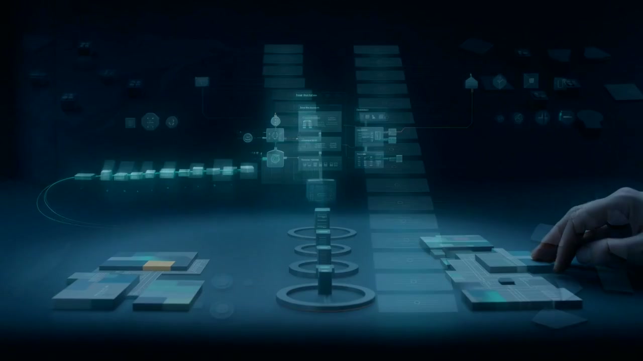A dark structured-intelligence workspace where fragmented records split into ready-to-use and custom service paths